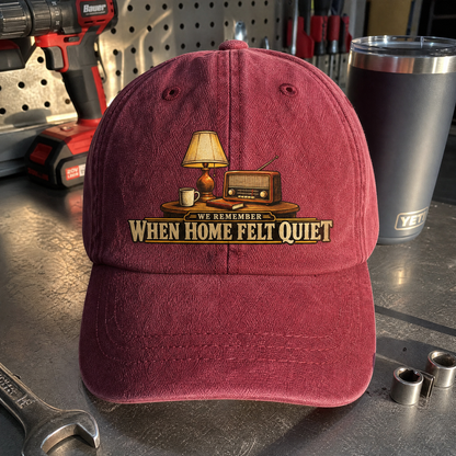 Close-up angle views of vintage washed cap with We Remember When Home Felt Quiet printed design