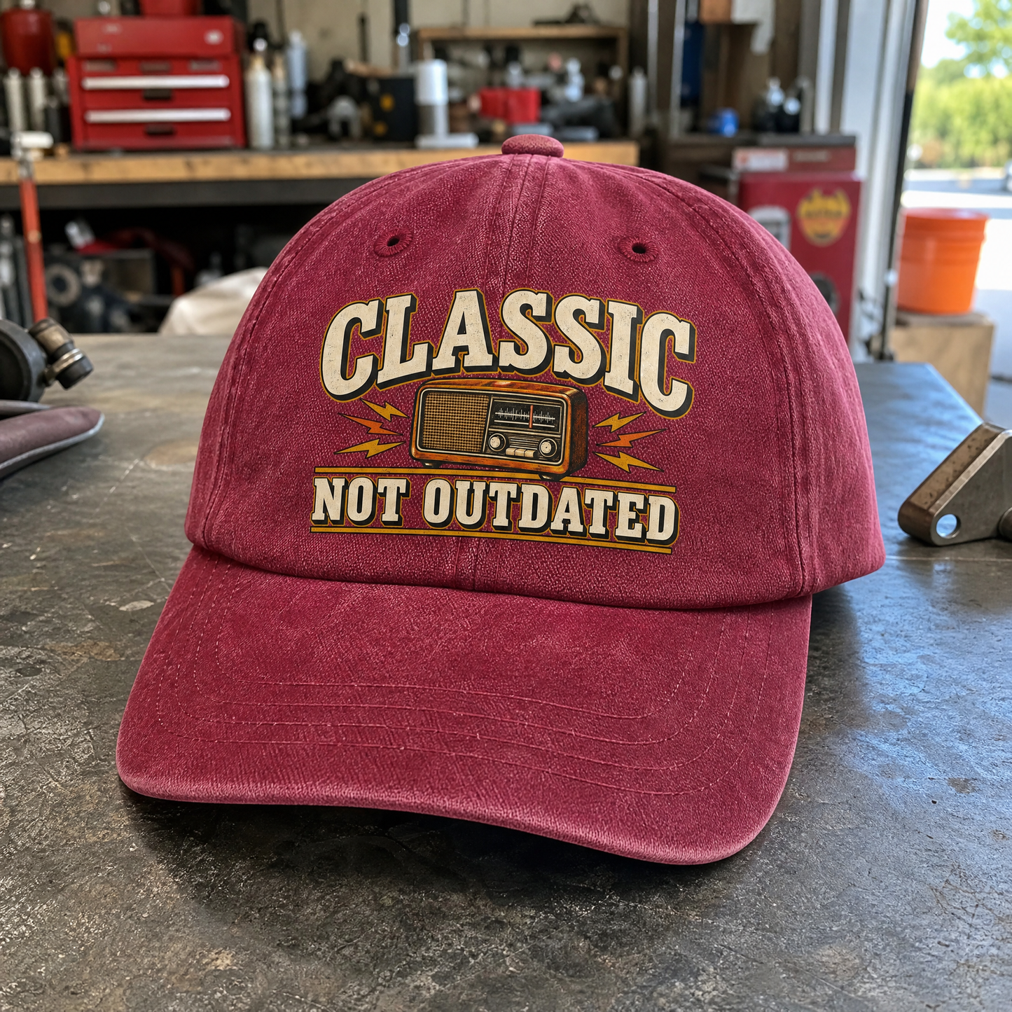 Vintage washed cap with printed “44 classic not outdated” slogan, angled view