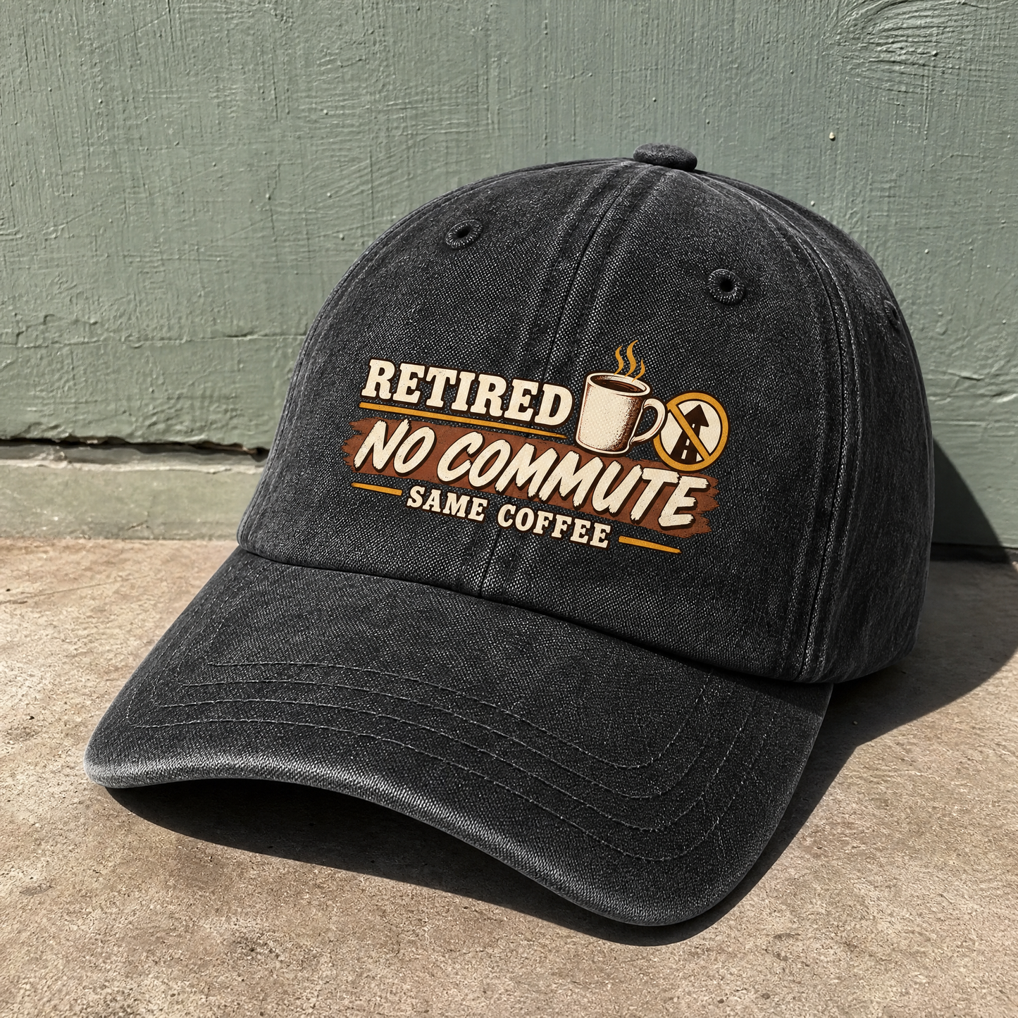 Black vintage washed cap with printed Retired No Commute Same Coffee design, angled view