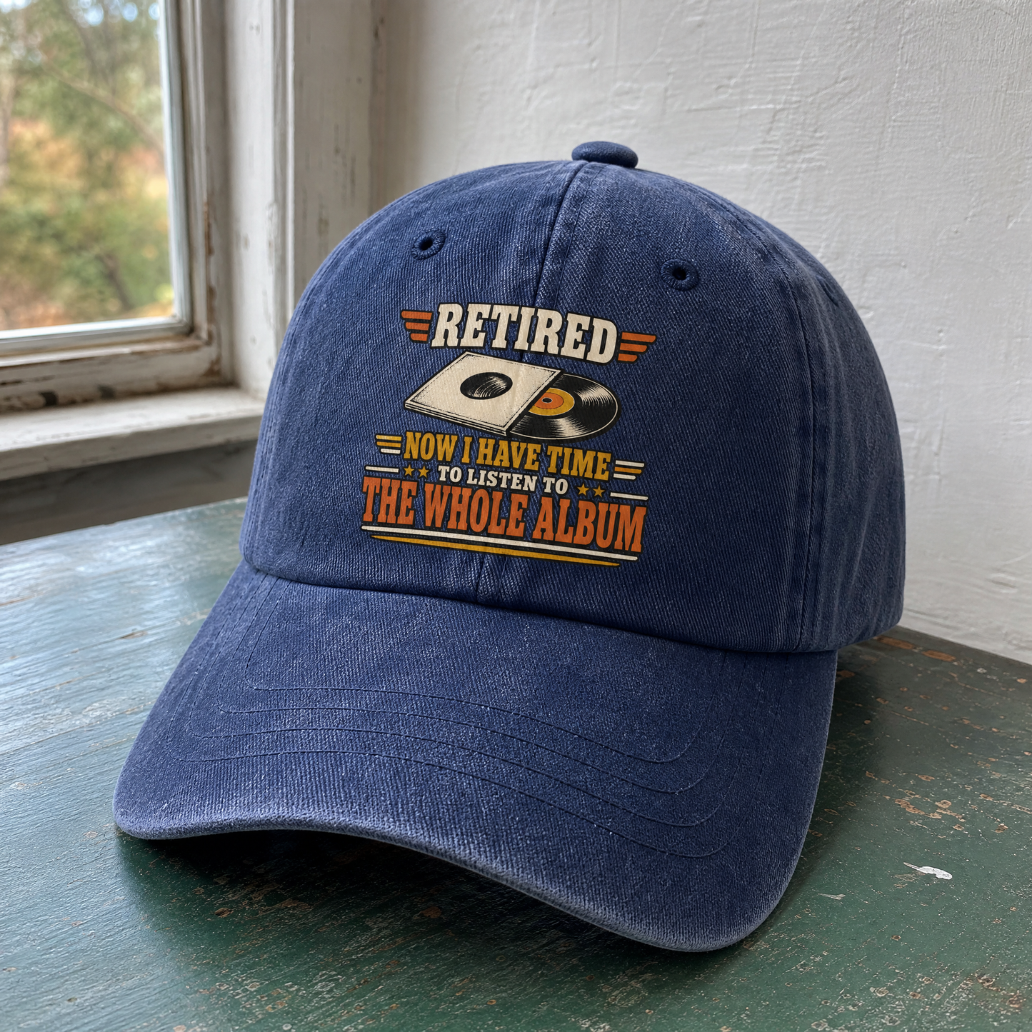 Vintage washed cap with printed “37 time for the whole album” design, angled view