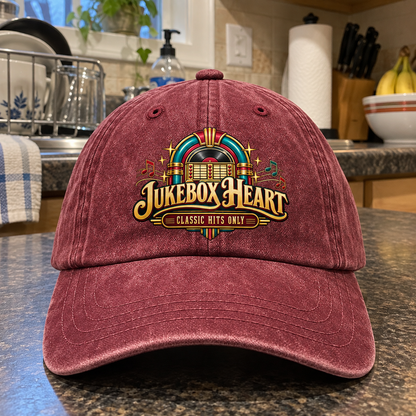 Front view of burgundy vintage washed cap with printed Jukebox Heart Classic Hits Only design
