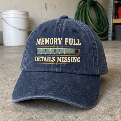 Navy vintage washed cap with printed Memory Full Details Missing slogan, front view