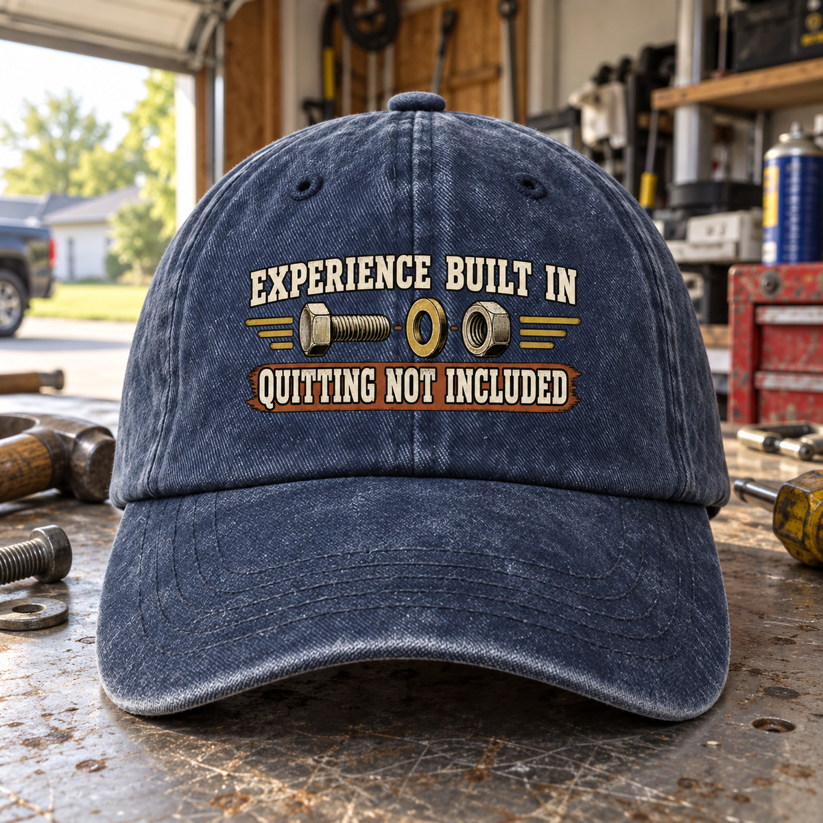 Navy vintage washed cap with printed Experience Built In Quitting Not Included design