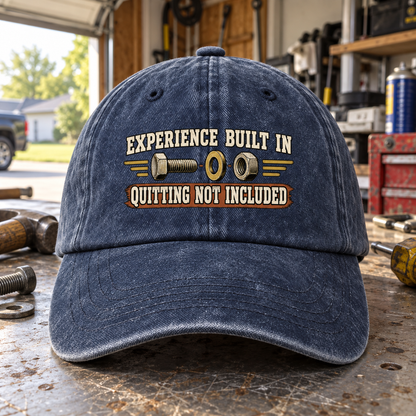 Navy vintage washed cap with printed Experience Built In Quitting Not Included design