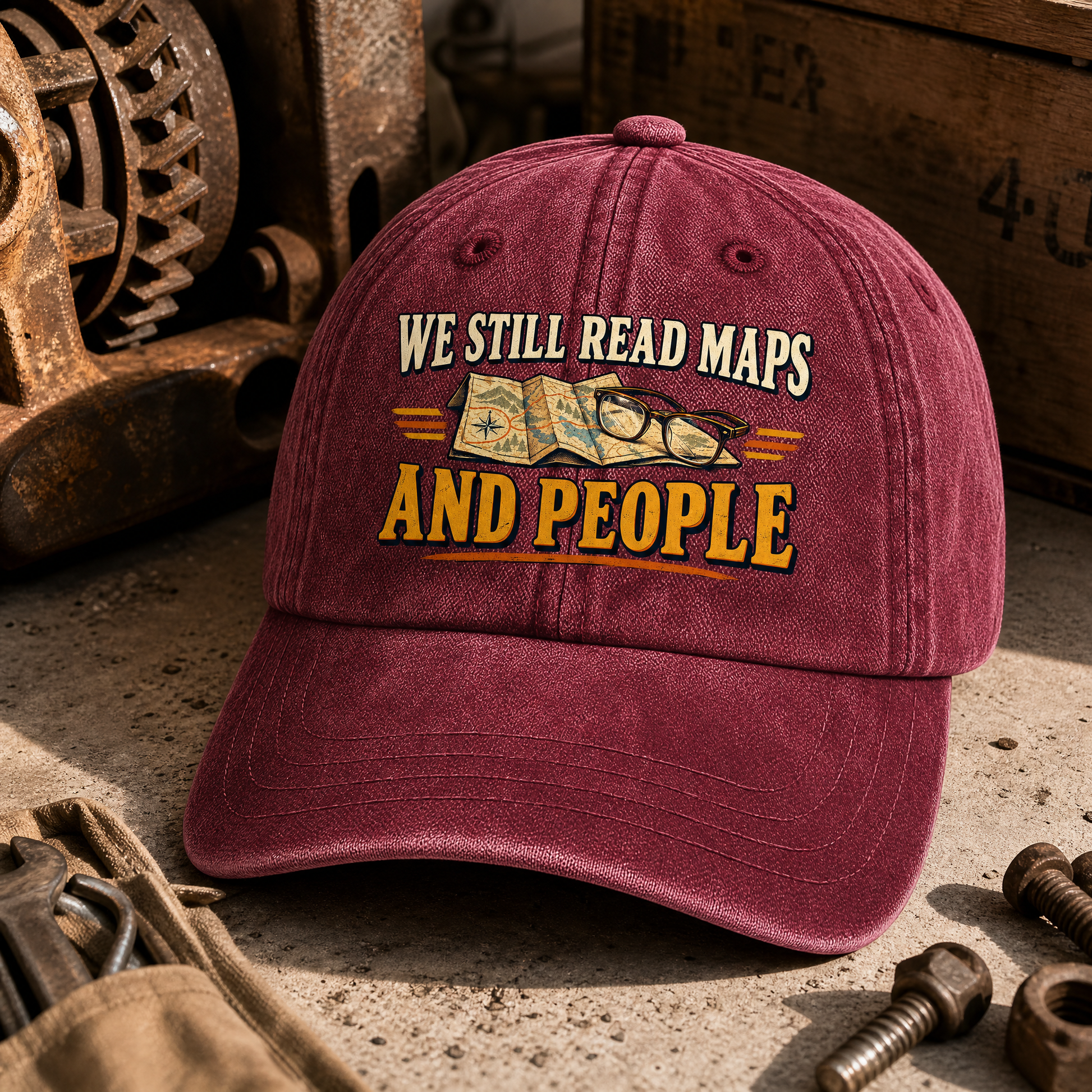 Burgundy vintage washed cap angled view with printed We Still Read Maps And People slogan