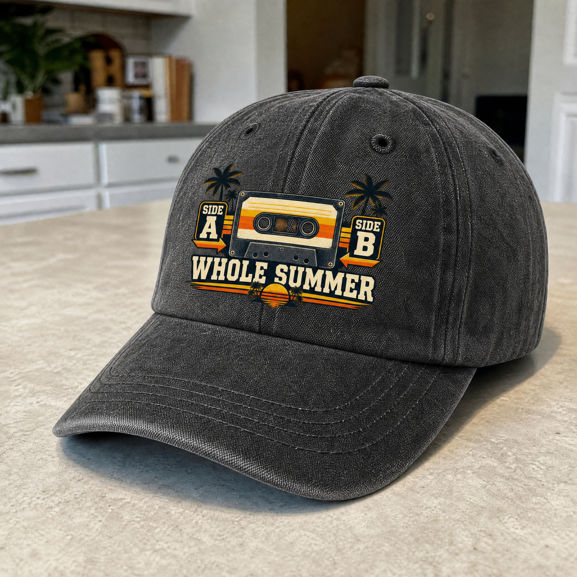 Vintage washed cap with Side A Side B Whole Summer printed slogan, angled view