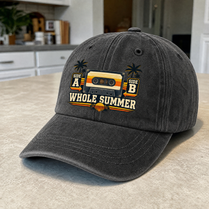 Vintage washed cap with Side A Side B Whole Summer printed slogan, angled view