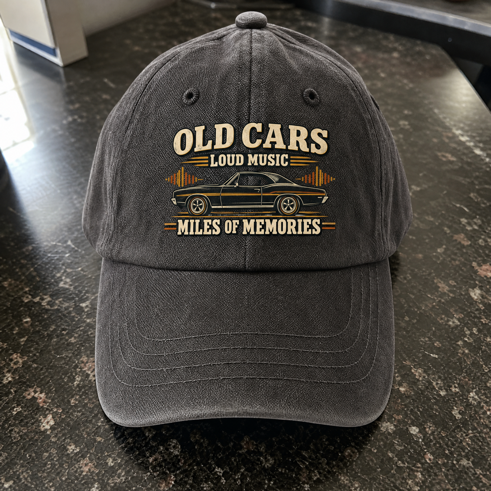 Vintage washed cap angled view with printed 35 old cars loud music memories design