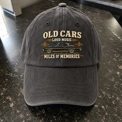 Vintage washed cap angled view with printed 35 old cars loud music memories design