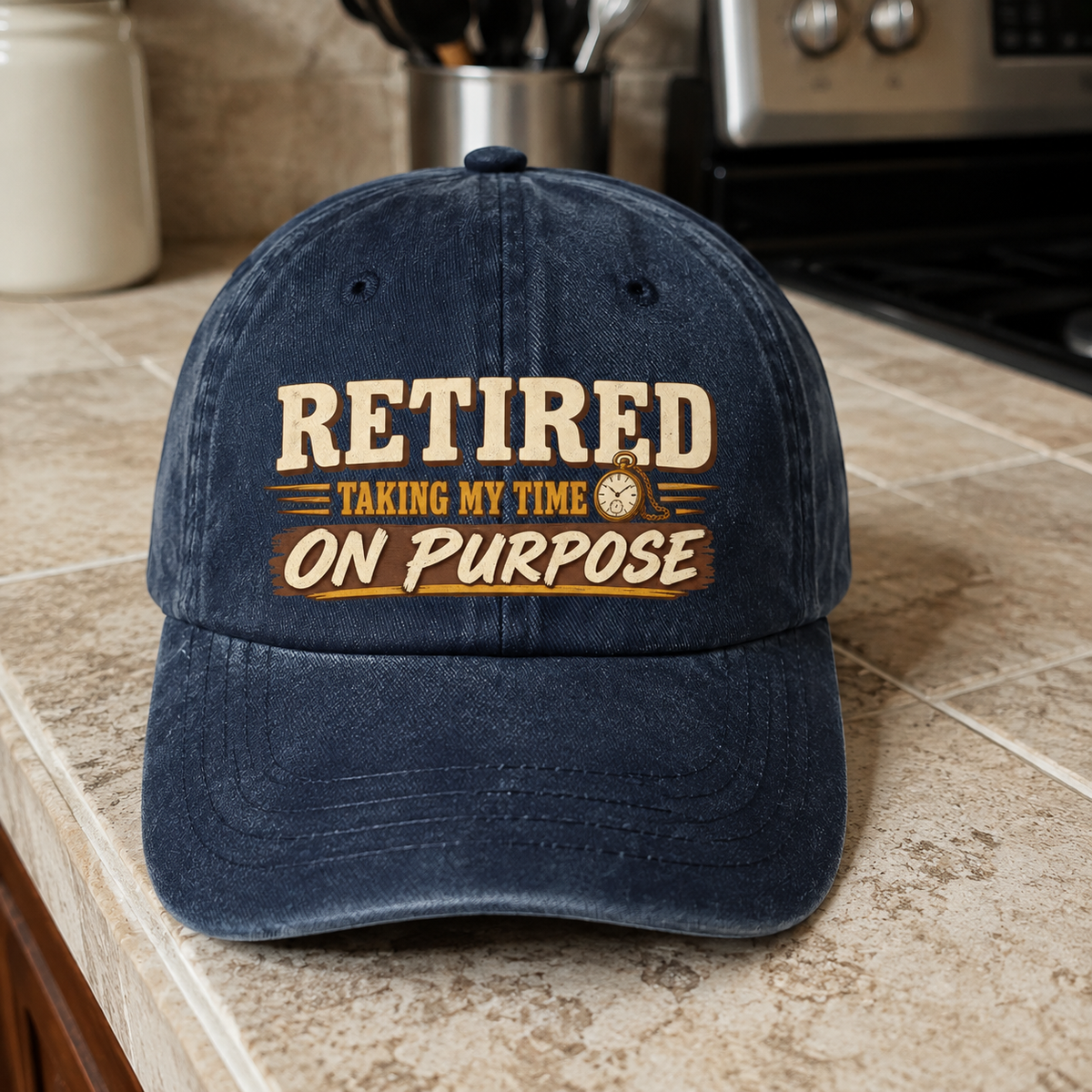 Navy vintage washed cap angled view with printed Retired Taking My Time On Purpose slogan