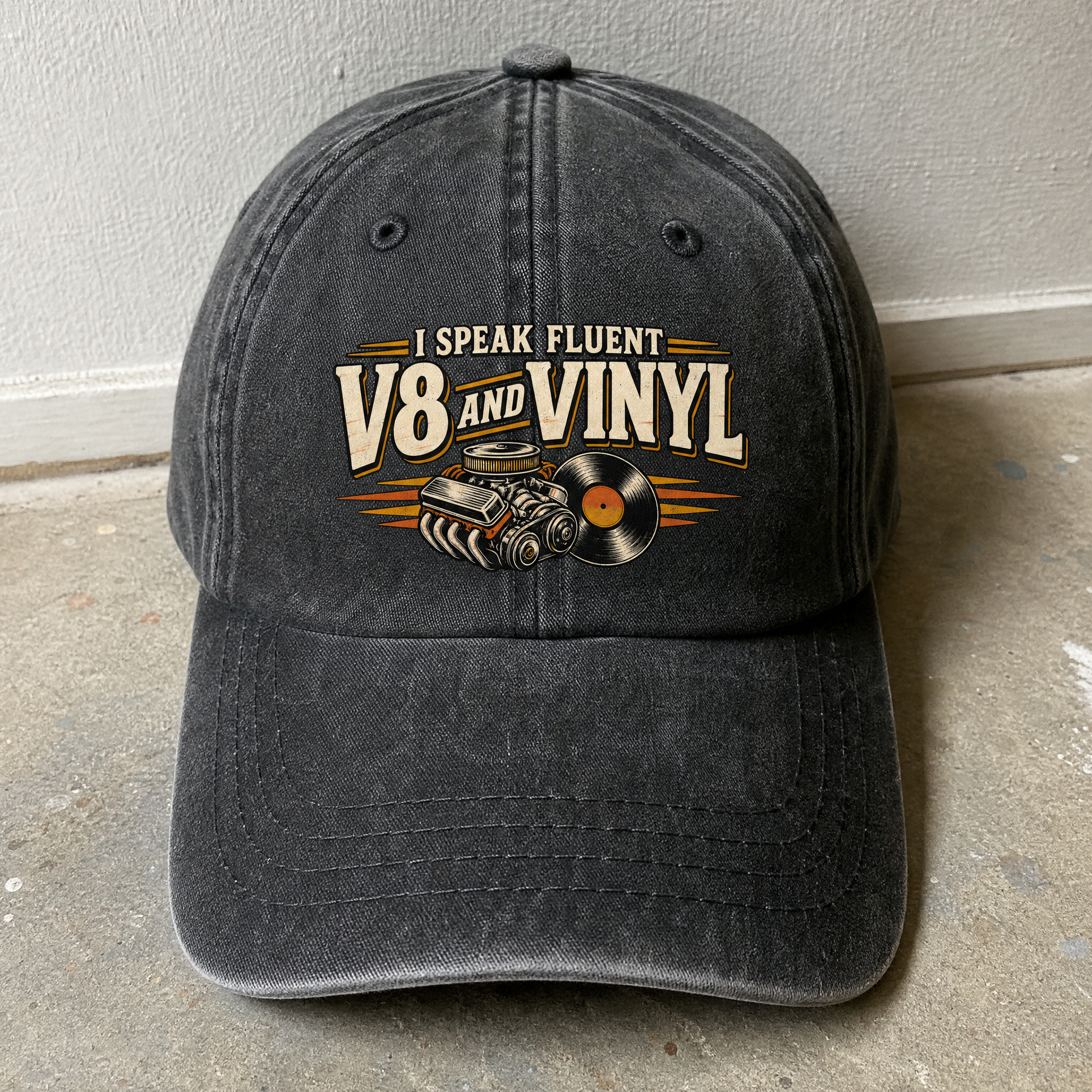 32 v8 and vinyl ideogram 4x TRIM pad80 printed vintage washed cap, angled view