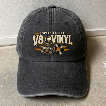 32 v8 and vinyl ideogram 4x TRIM pad80 printed vintage washed cap, angled view