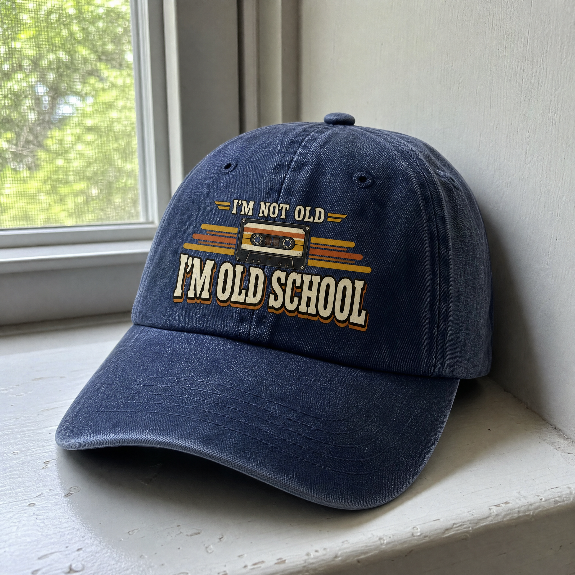 Vintage washed cap with printed 41 i m old school ideogram design, angled view