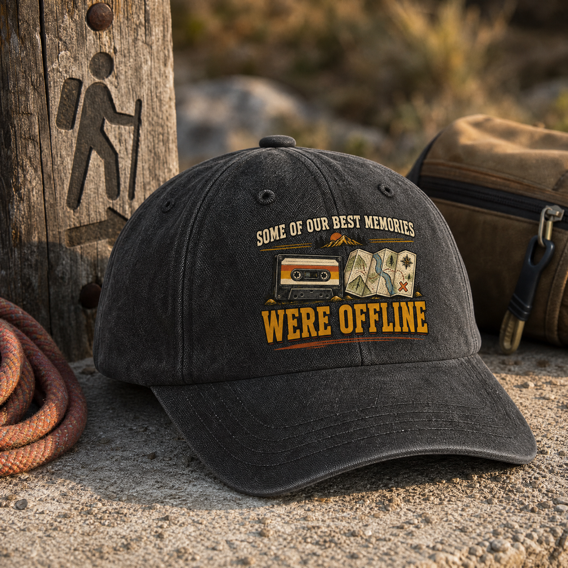 Black vintage washed cap with printed cassette, map, and “Were Offline” slogan, angled view