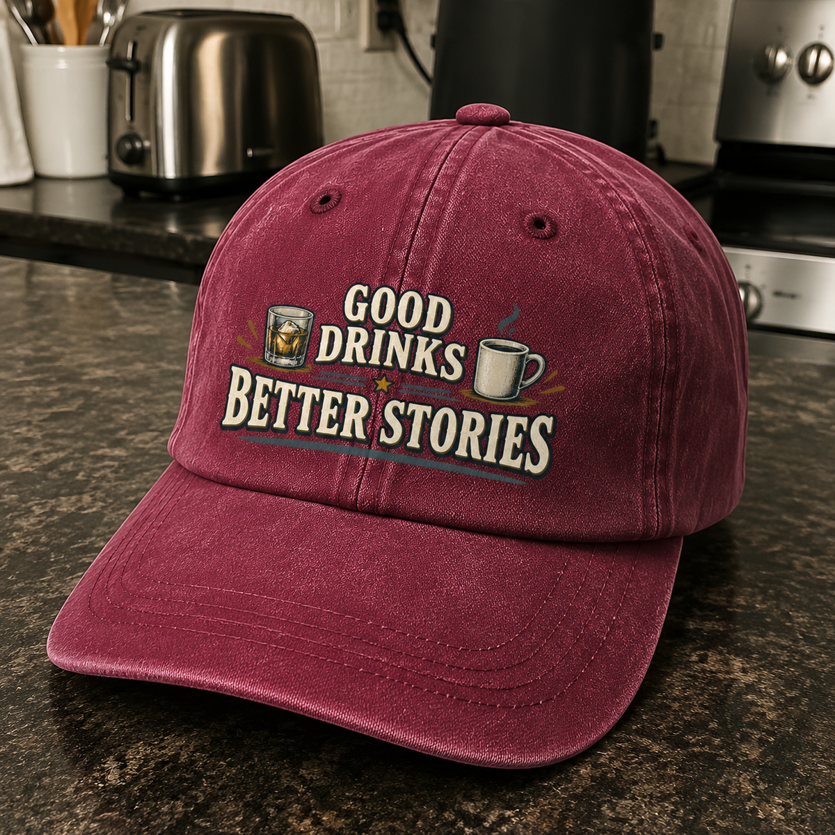 Red vintage washed cap with Good Drinks Better Stories printed slogan angled view