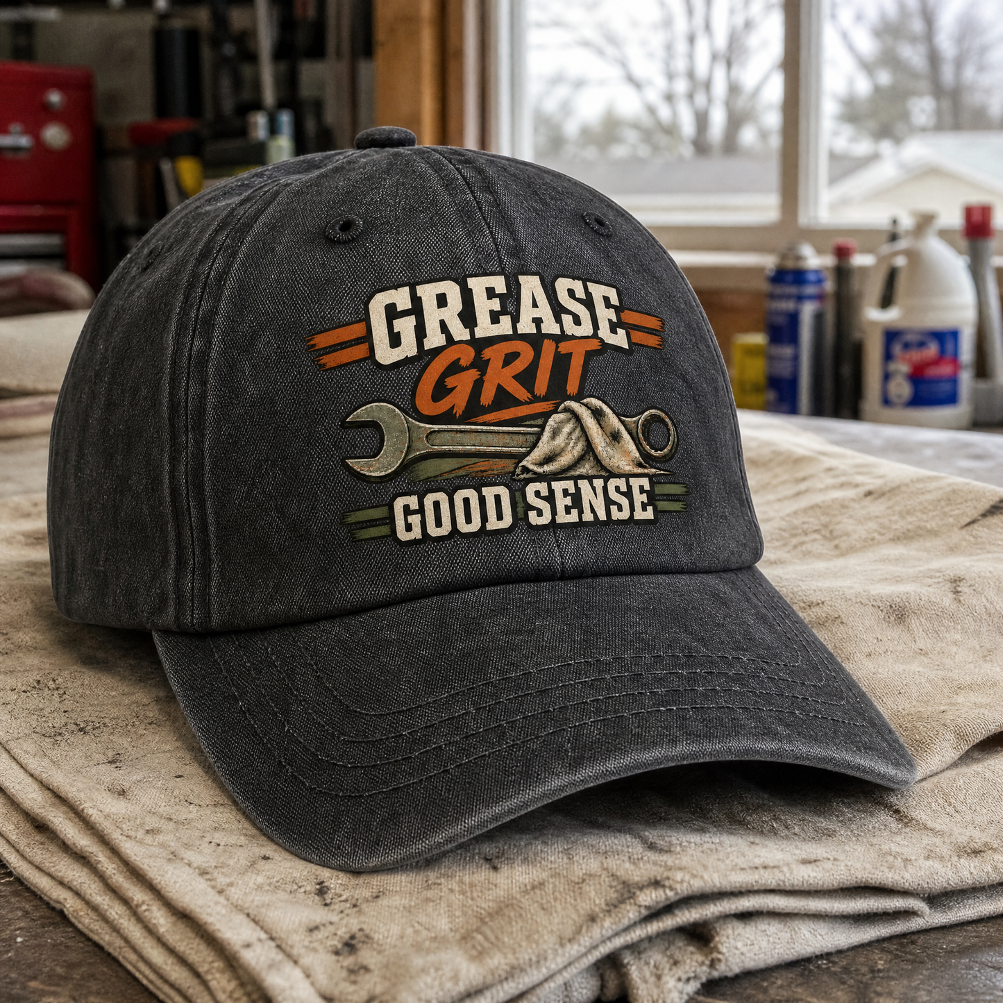 Black vintage washed cap featuring printed Grease Grit Good Sense slogan, angled view