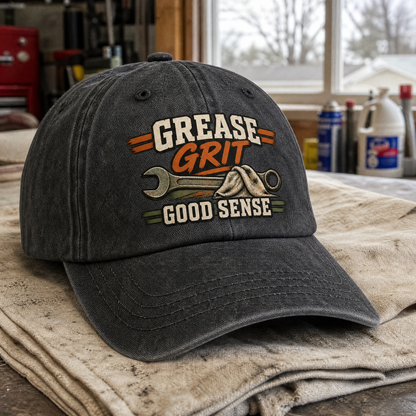 Black vintage washed cap featuring printed Grease Grit Good Sense slogan, angled view