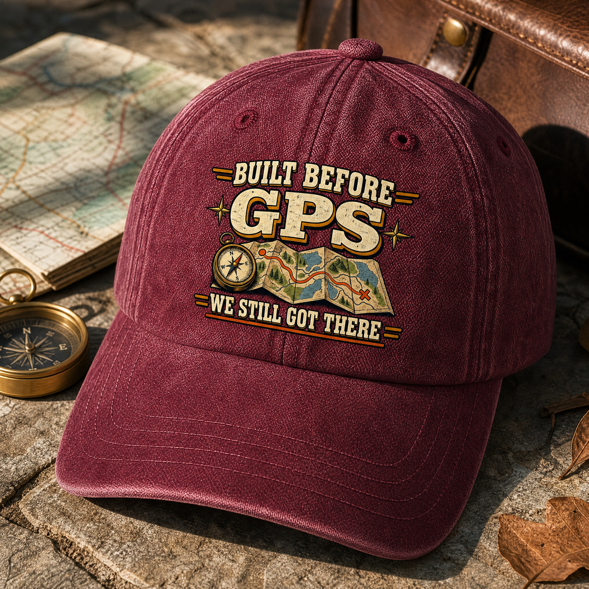 Burgundy vintage washed cap, printed “Built Before GPS We Still Got There” slogan, angled view.