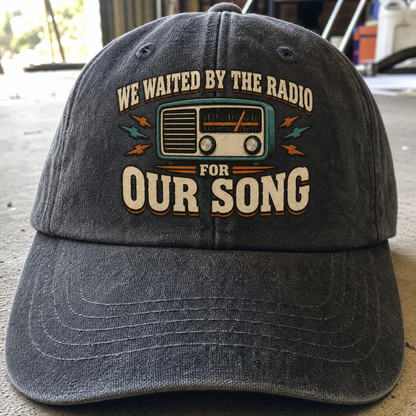 Black vintage washed cap with printed We Waited By The Radio For Our Song design