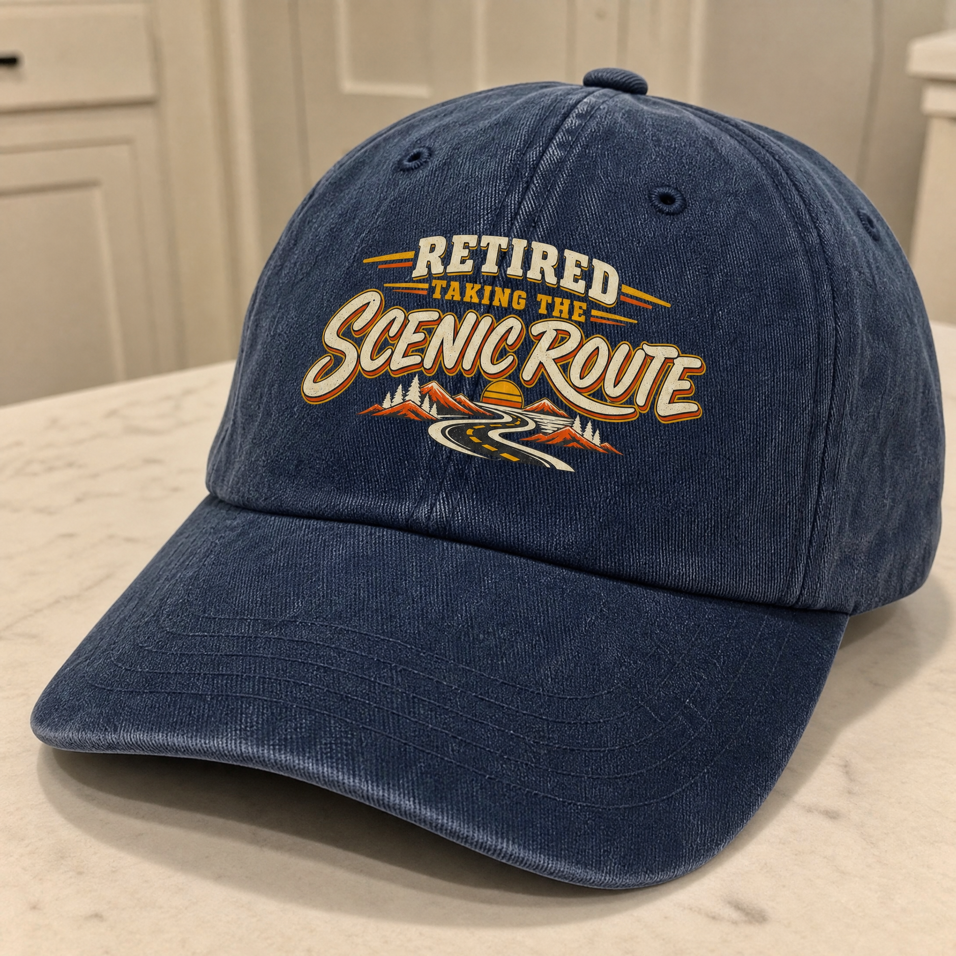 Navy vintage washed cap with printed Retired. Taking The Scenic Route slogan angled view