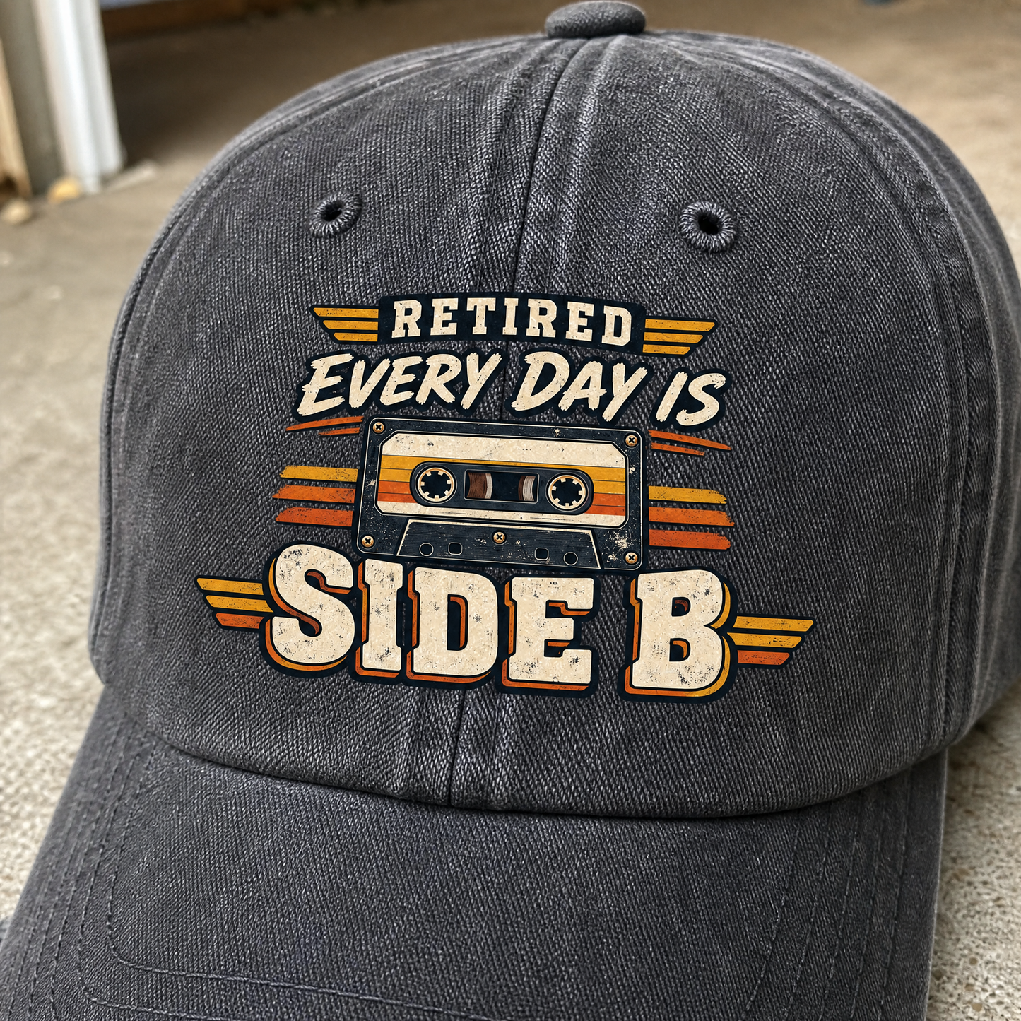 Vintage washed cap with printed “38 every day is side b” design, angled view