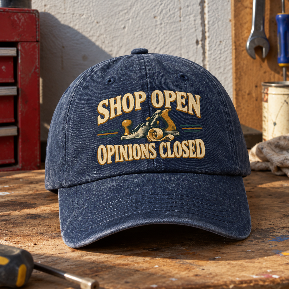 Vintage washed navy cap with printed Shop Open Opinions Closed slogan, front angle view