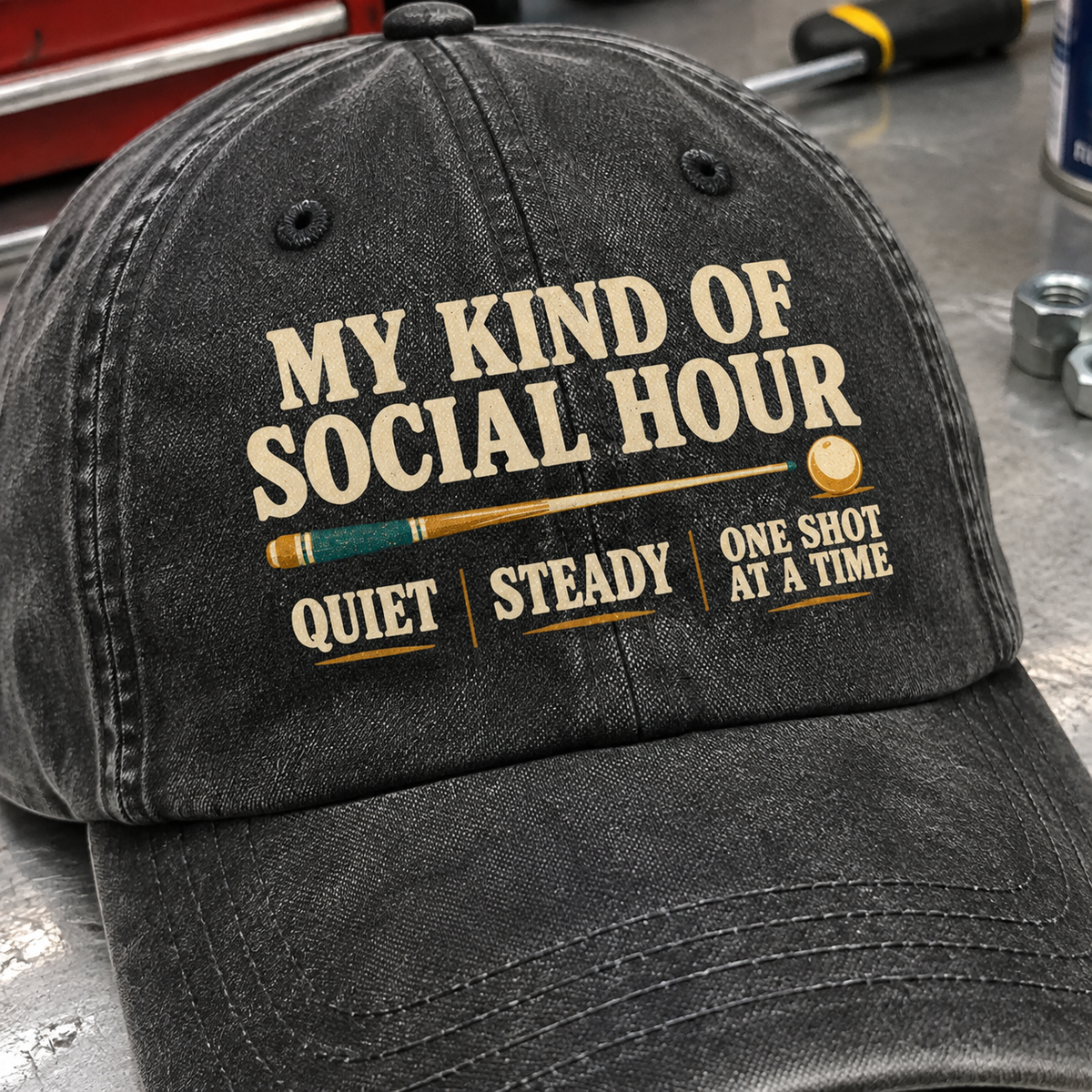 Black vintage washed cap with printed “My Kind Of Social Hour” slogan, angled close-up view