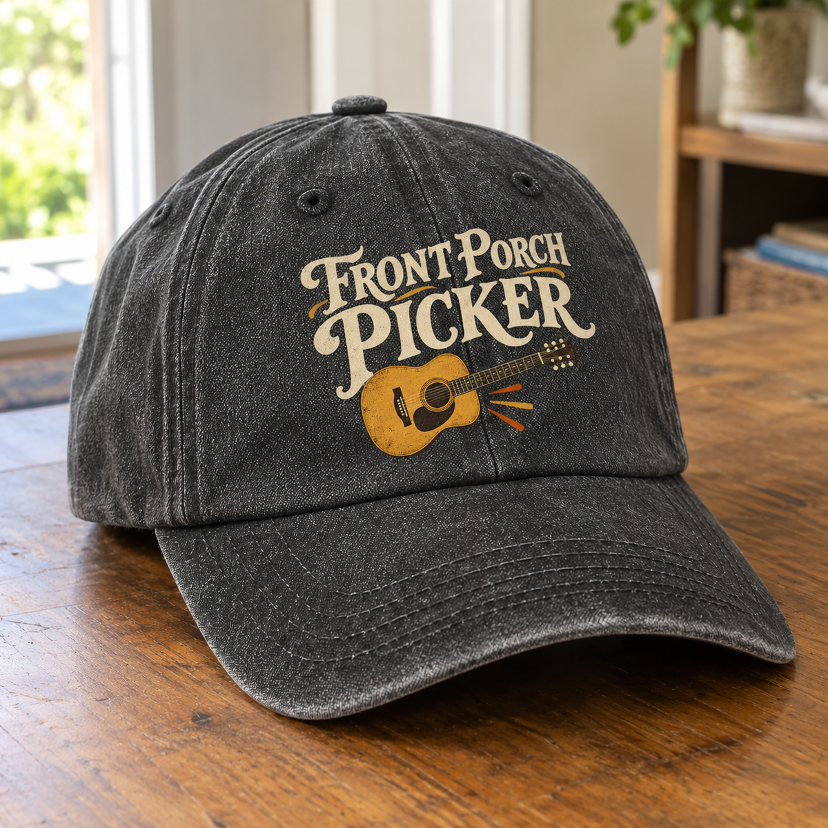 Black vintage washed cap angled view with printed Front Porch Picker slogan