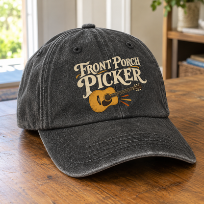 Black vintage washed cap angled view with printed Front Porch Picker slogan