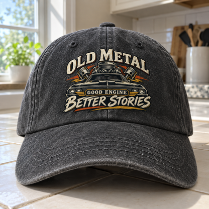 Black vintage washed cap with printed Old Metal Good Engine Better Stories design, front angle