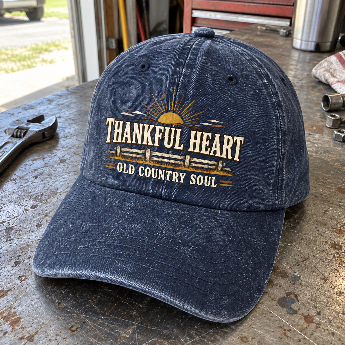 Navy vintage washed cap with printed Thankful Heart Old Country Soul design, angled view