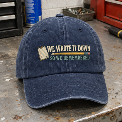 Vintage washed cap with printed “We Wrote It Down So We Remembered” slogan, angled view