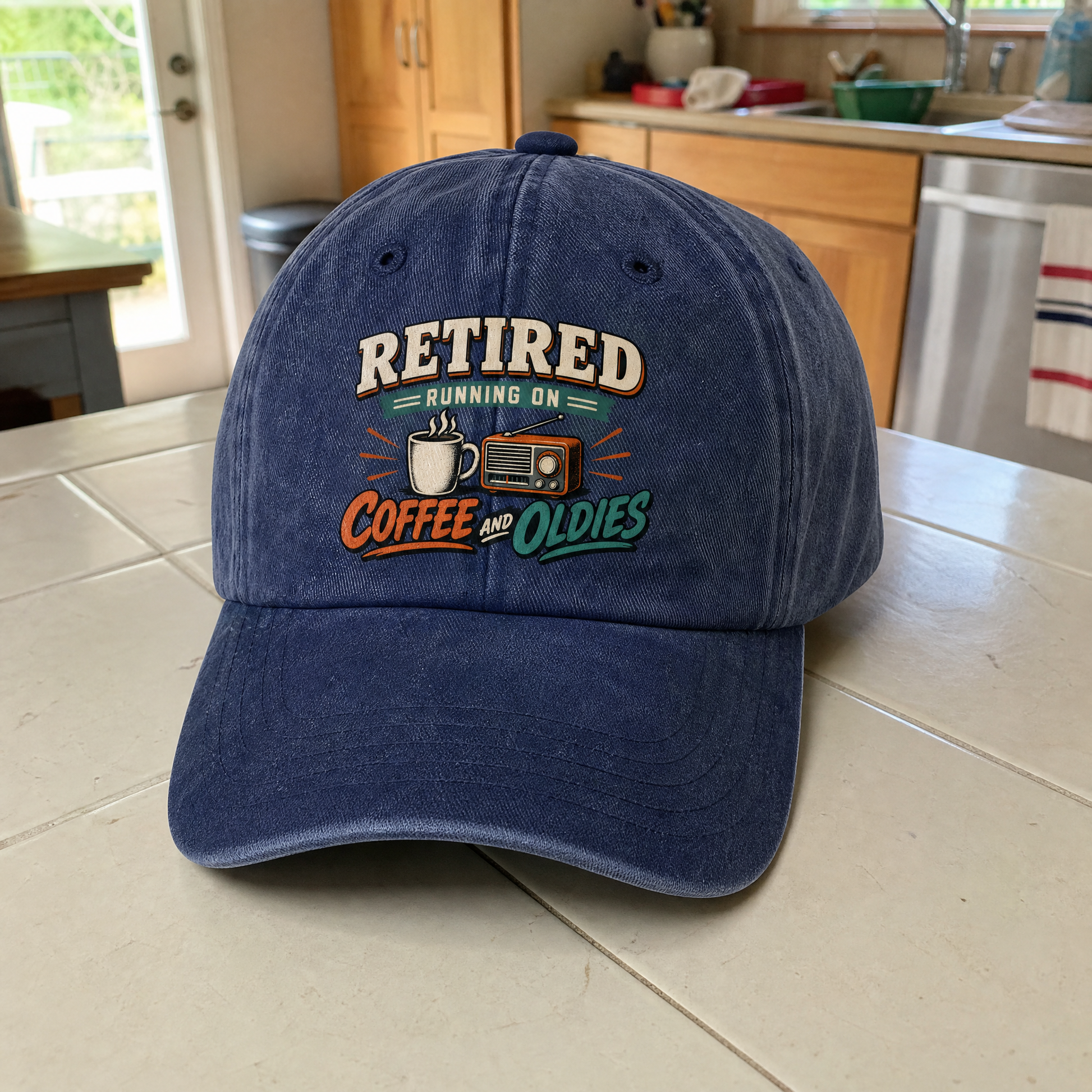 Navy vintage washed cap with printed Retired Running On Coffee And Oldies design, front angle.