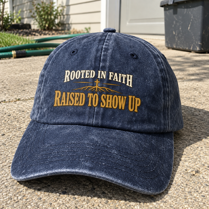 Navy vintage washed cap with printed Rooted In Faith Raised To Show Up, front view