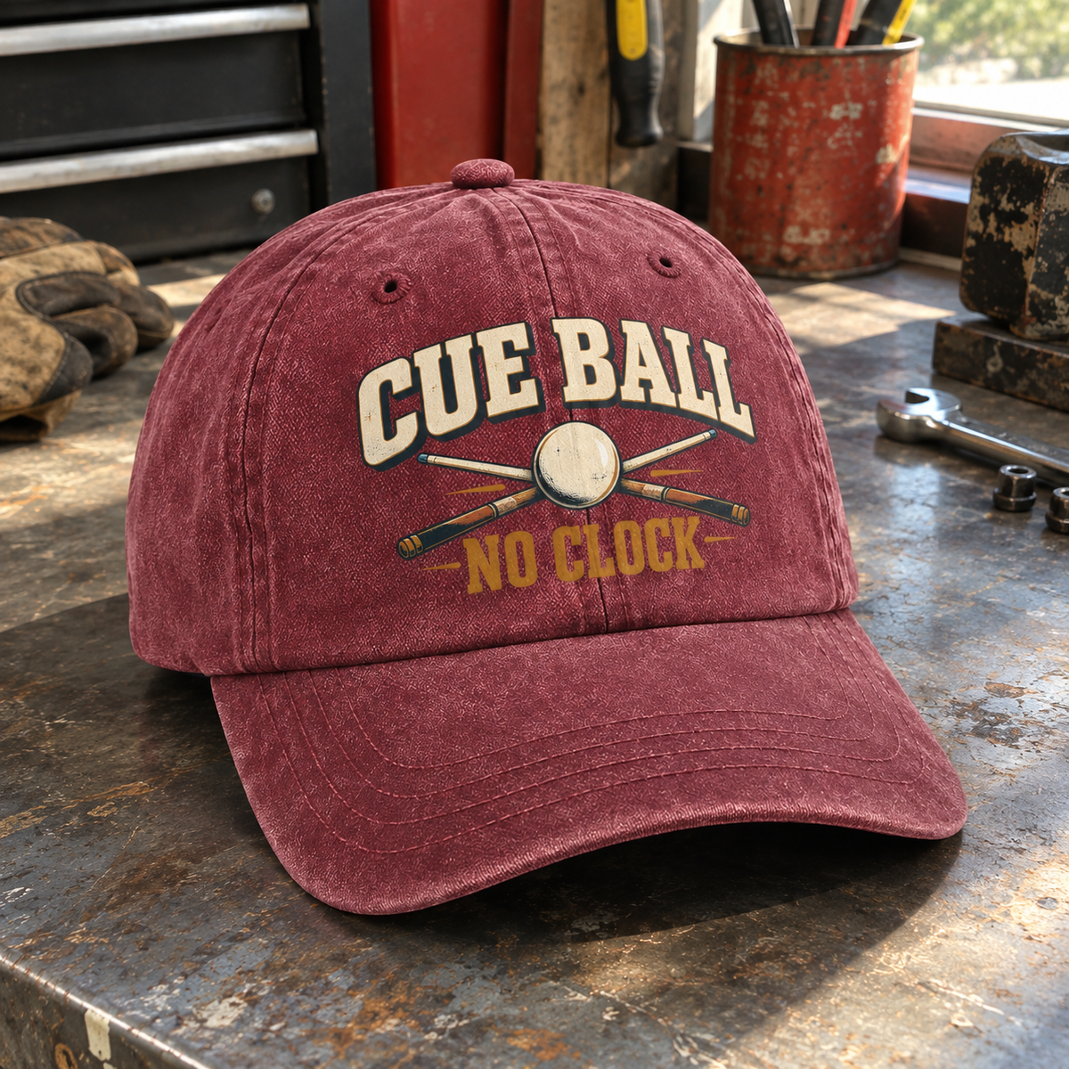 Burgundy vintage washed cap with printed Cue Ball No Clock design, angled front view