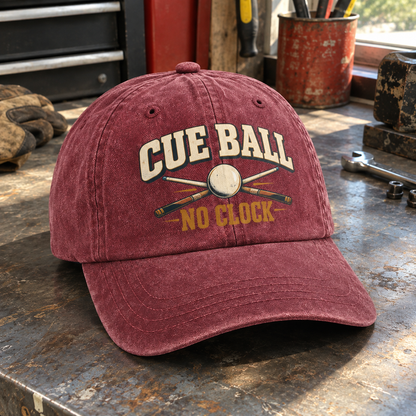 Burgundy vintage washed cap with printed Cue Ball No Clock design, angled front view
