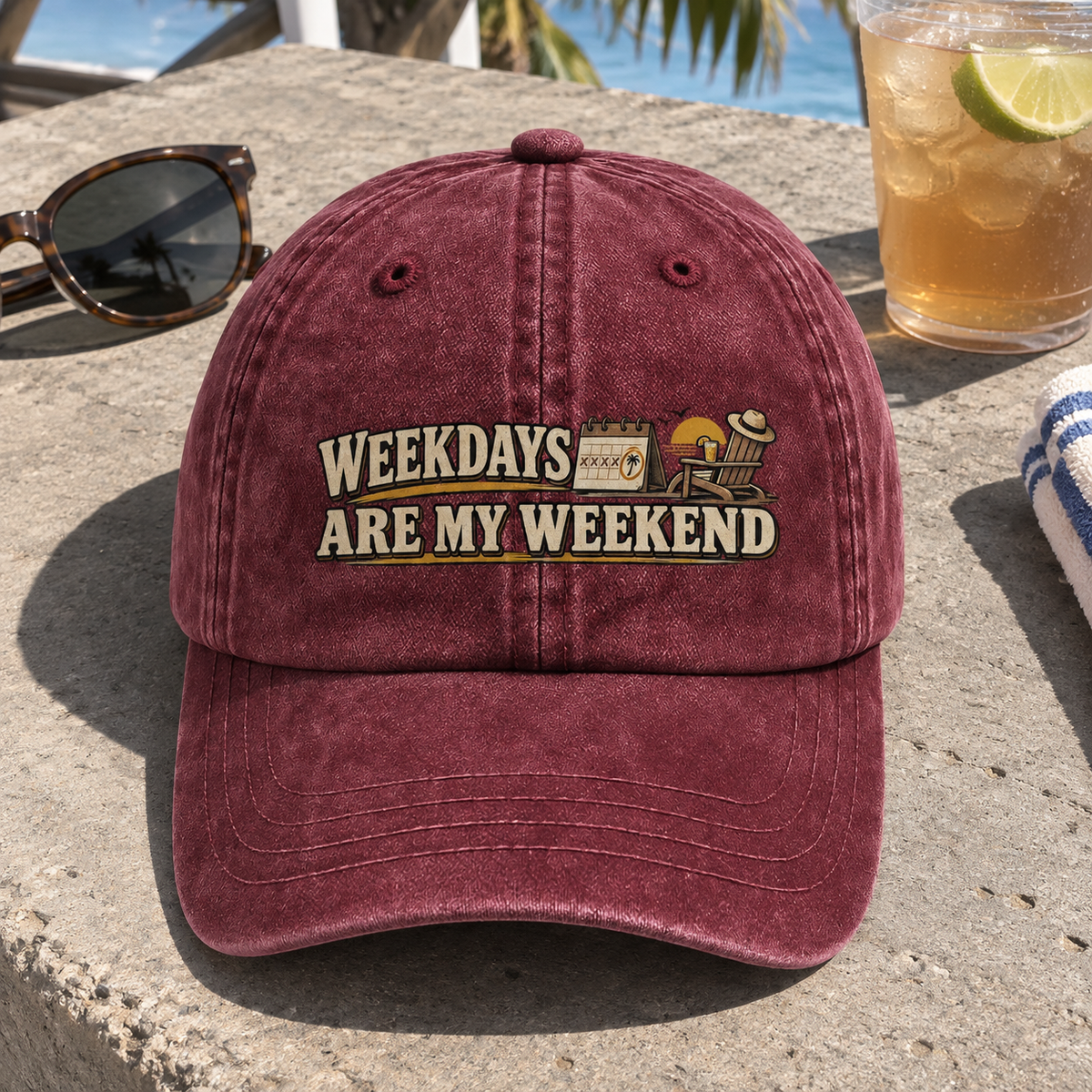 Burgundy vintage washed cap with printed Weekdays Are My Weekend slogan front angle