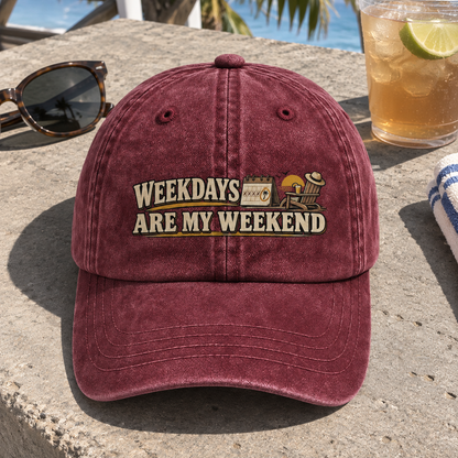 Burgundy vintage washed cap with printed Weekdays Are My Weekend slogan front angle