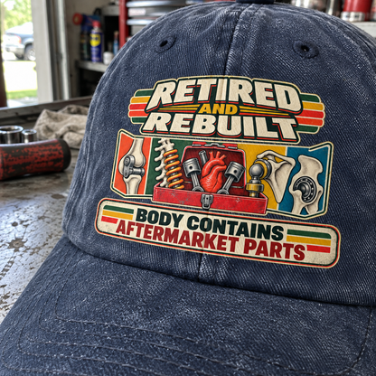 Angled navy vintage washed cap with printed Retired And Rebuilt, Body Contains Aftermarket Parts