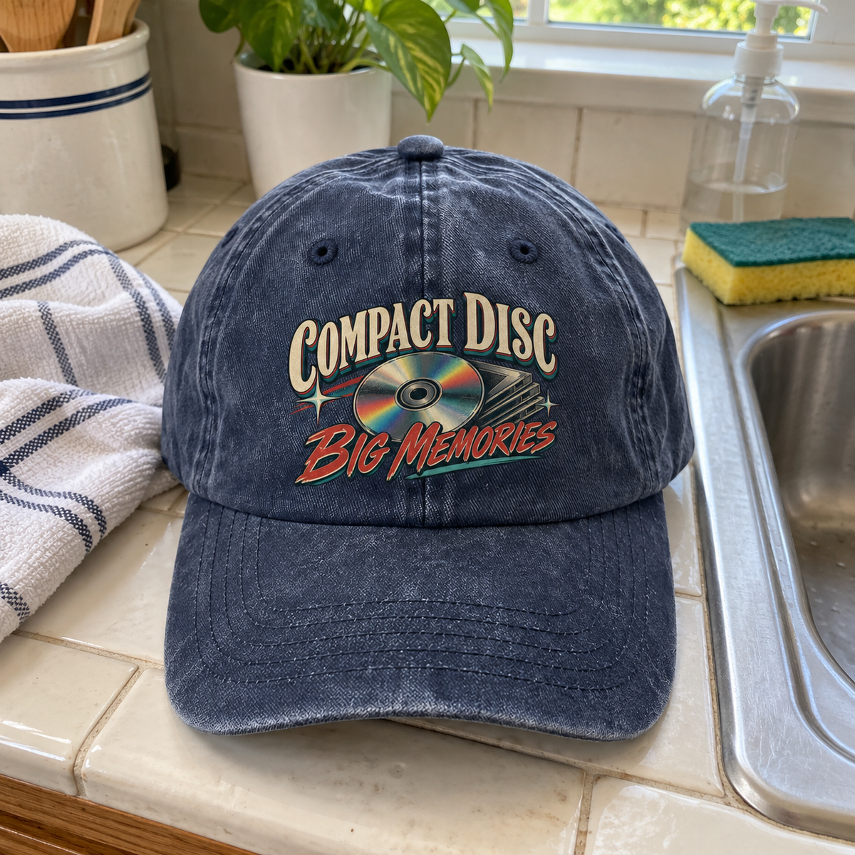 Navy vintage washed cap with printed Compact Disc Big Memories design, front view
