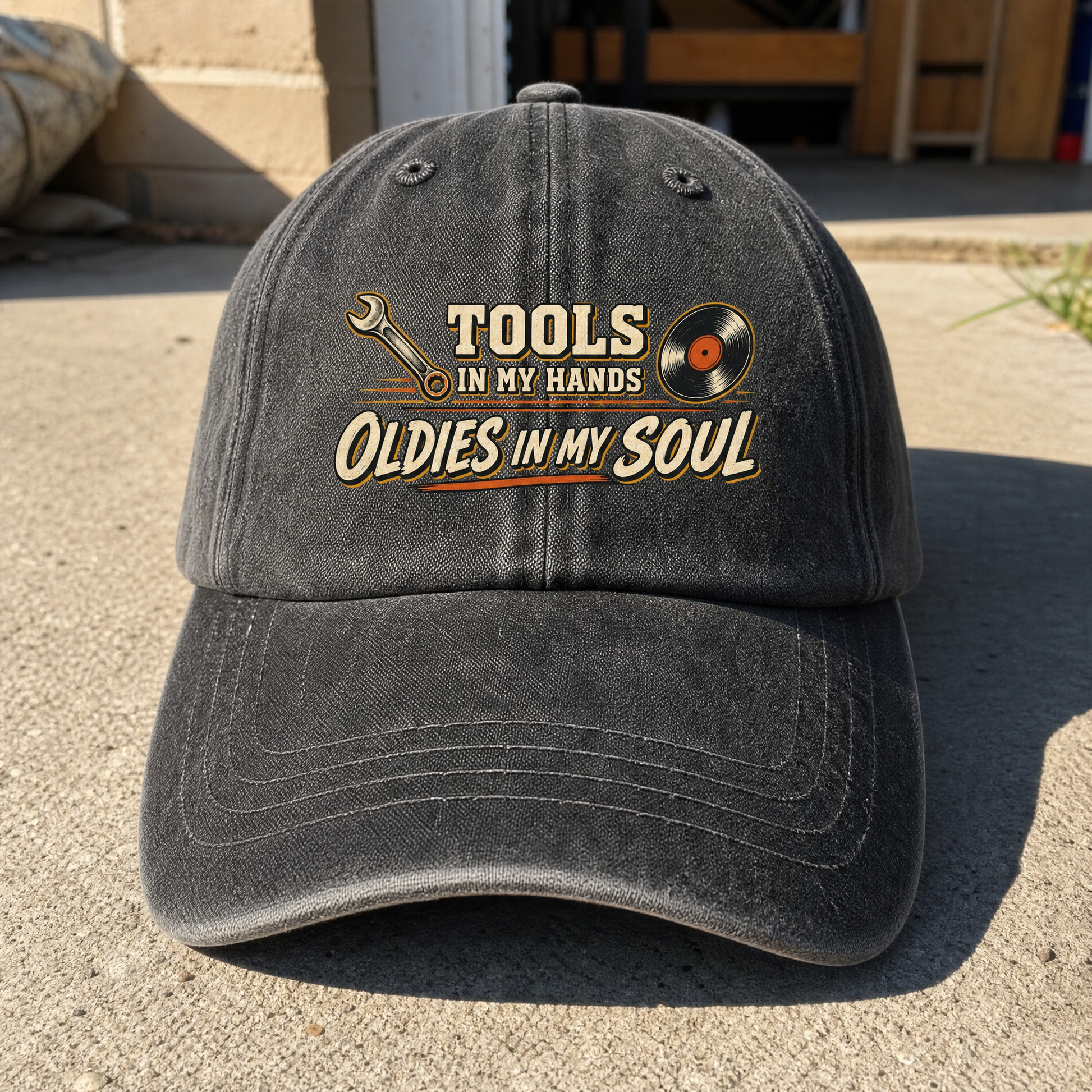 Autumn Sensory Play vintage washed cap with printed slogan, angled view