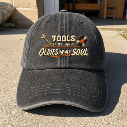 Autumn Sensory Play vintage washed cap with printed slogan, angled view