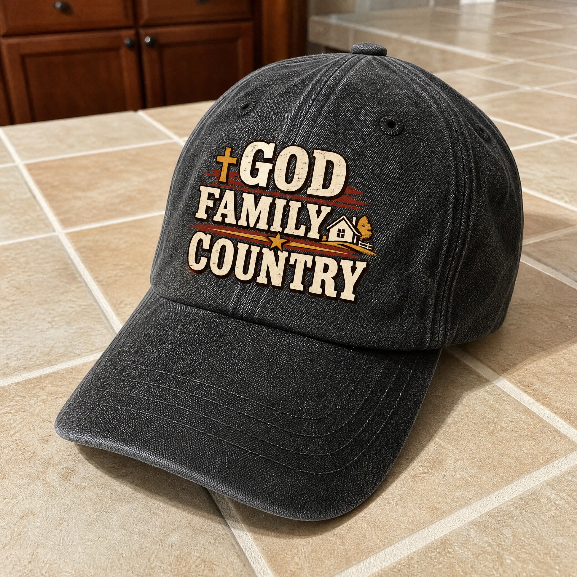 Black vintage washed cap with printed God Family Country slogan front angle view