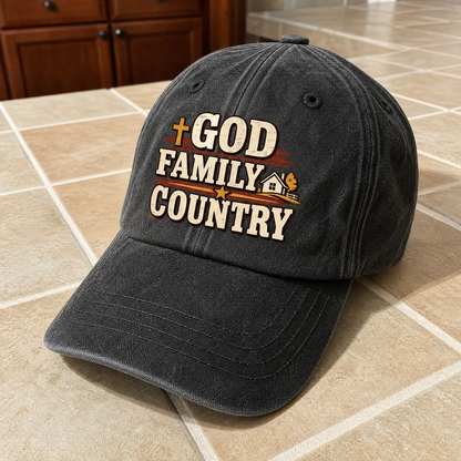 Black vintage washed cap with printed God Family Country slogan front angle view