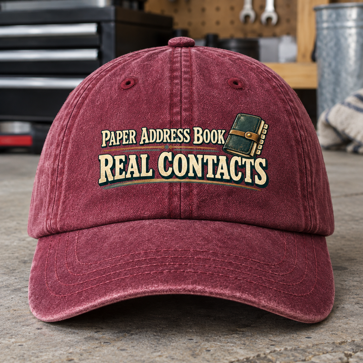 Burgundy vintage washed cap with printed Paper Address Book Real Contacts slogan, front angle