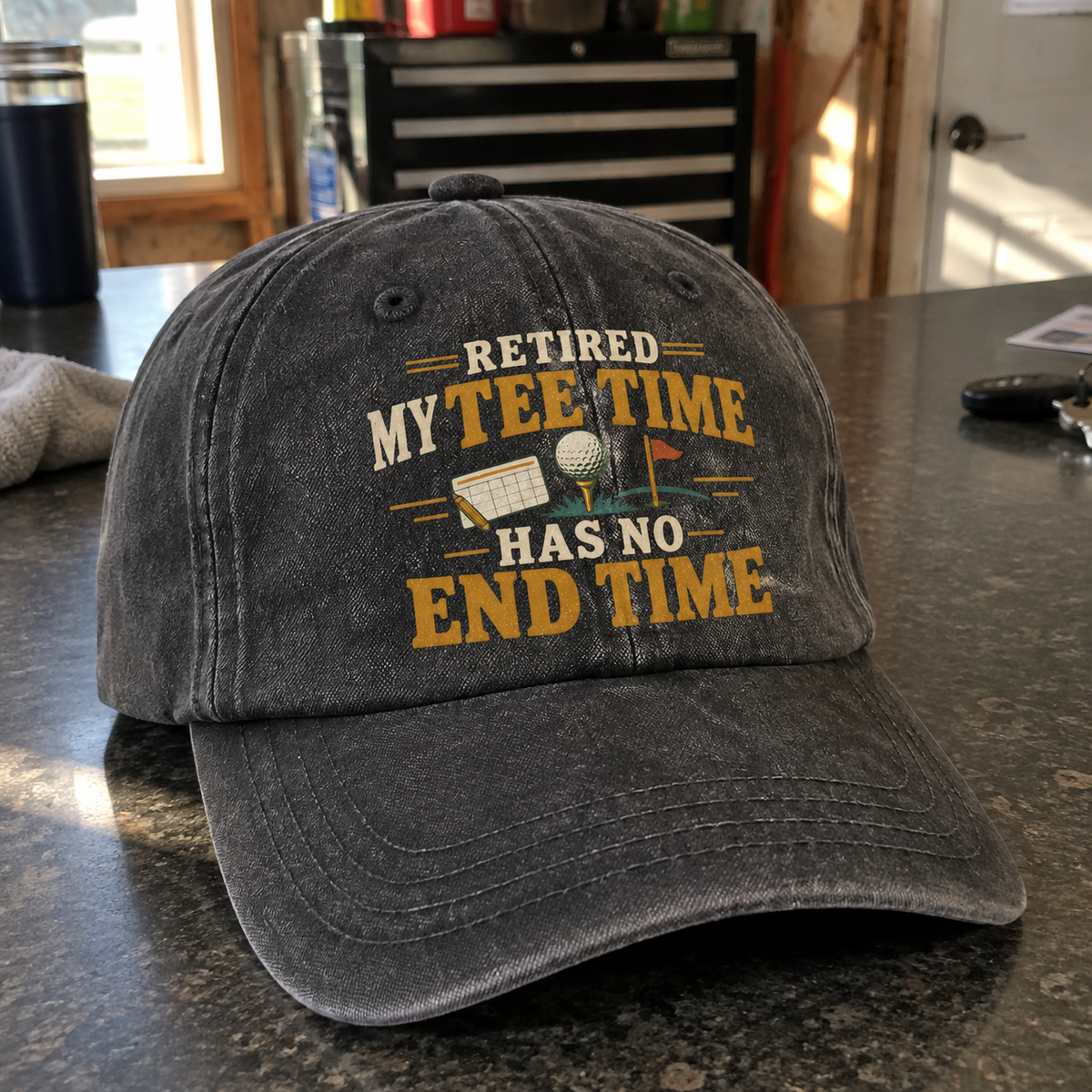 Vintage washed cap with printed Retired My Tee Time Has No End Time golf design, angled view