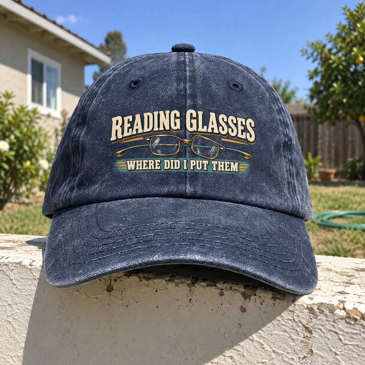 Navy vintage washed cap, front view, printed with Reading Glasses Where Did I Put Them.