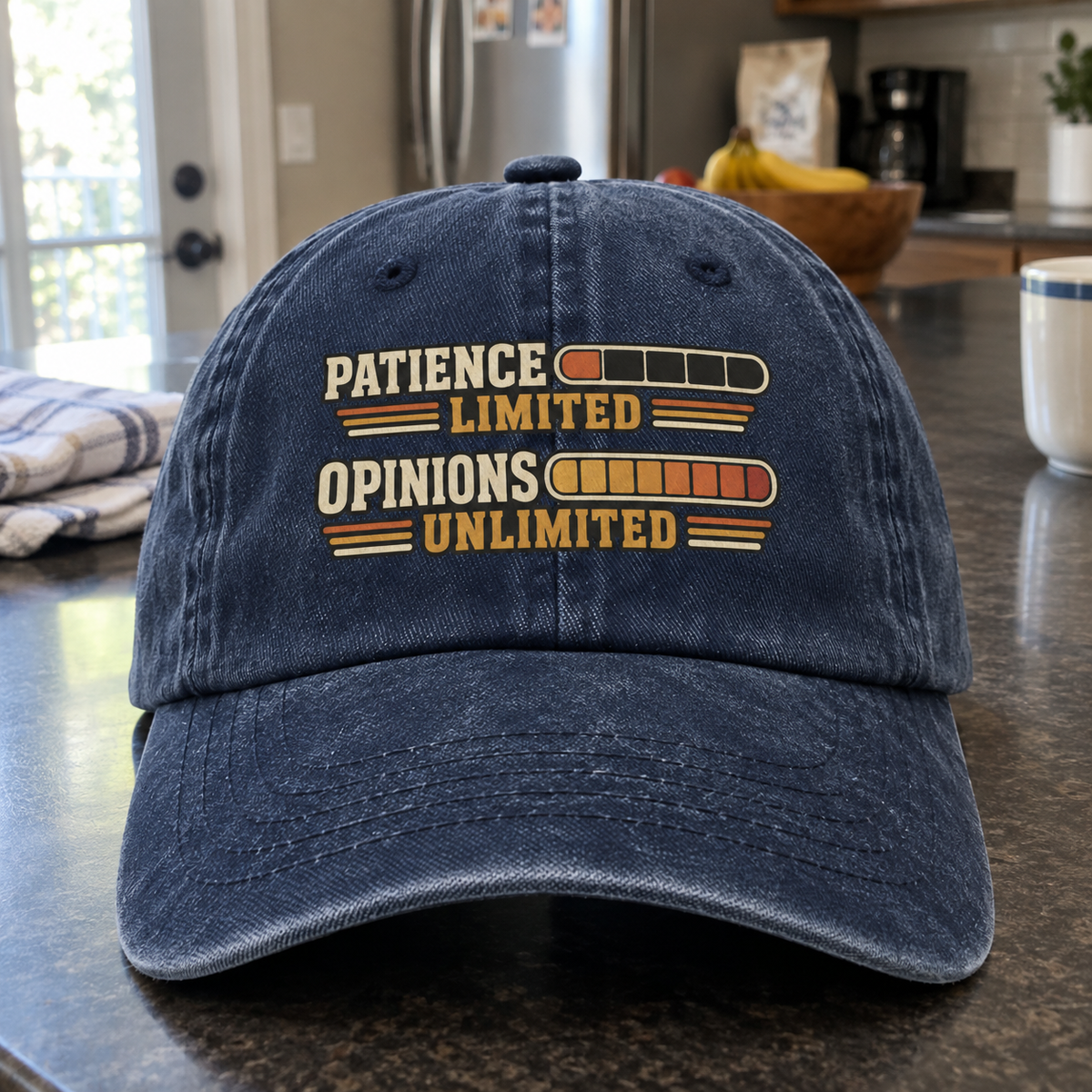 Close-up angle views of vintage washed cap with Patience Limited Opinions Unlimited printed design