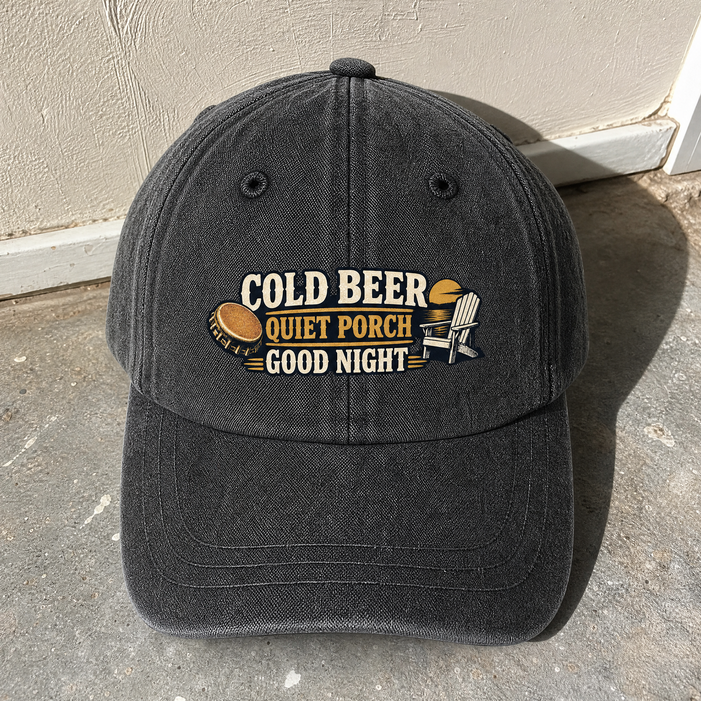 Black vintage washed cap with printed Cold Beer Quiet Porch Good Night design, front angle