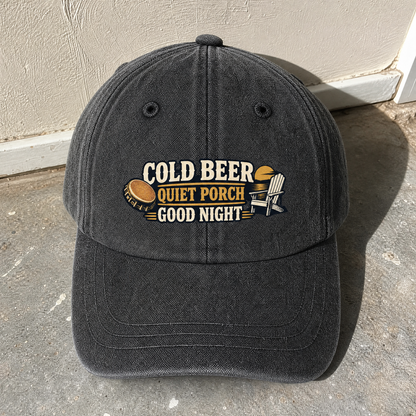 Black vintage washed cap with printed Cold Beer Quiet Porch Good Night design, front angle